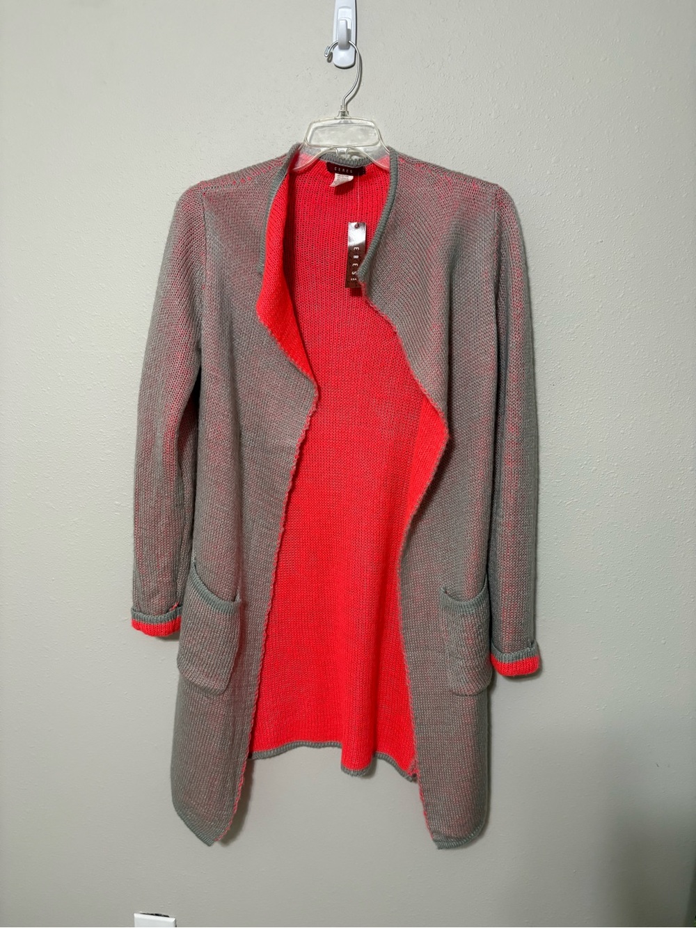 Reversible Two-Tone Open Cardigan - Coral and Gray